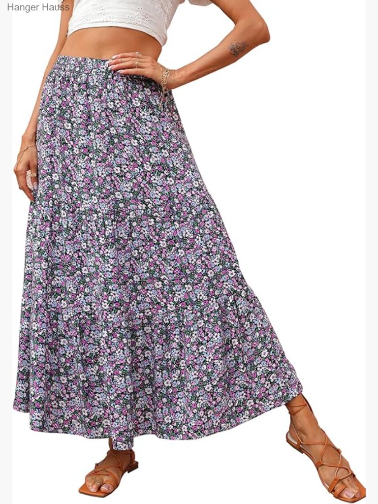 Boho Floral Maxi Skirt High Waist Casual Flow Long Skirt Beach Vacation